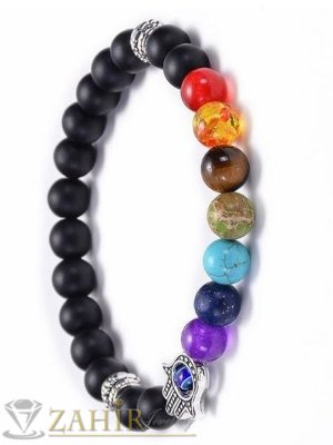 Йога чакра гривна, направена от черен оникс мат и Хамса + 7 цветни чакра минерала, налична в 7 размера - MGA1551