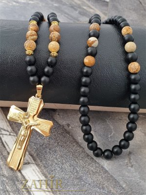  Най-желания стоманен кръст 6 см с молитва и Исус на черно ониксово колие с бежов яспис и оникс 10 mm - MK1363