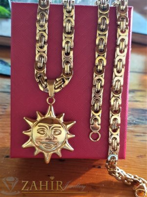 Медальон Слънце 3 см от позлатена стомана, изящна изработка, на римски стоманен ланец 60 см, широк 0,6 см - ML1497