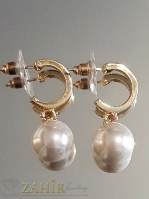  Пленителни бяли перлени висящи обеци 3 см с перла 1 см, златно покритие на винт - O2603