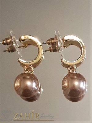  Бронзови перлени висящи обеци 3 см с перла 1 см, златно покритие на винт - O2607