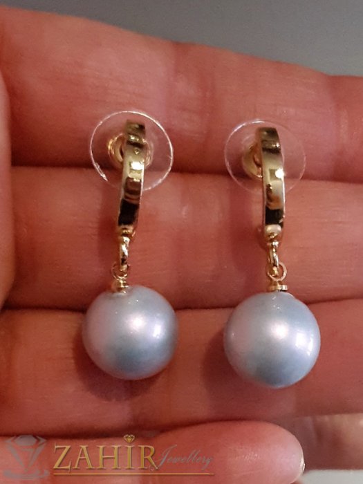 Бледосини перлени висящи обеци 3 см с перла 1 см, златно покритие на винт - O2608