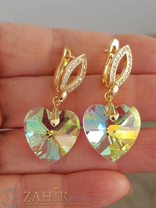 Дамски бижута - Великолепни променящи цвета си кристални сърца обеци 2 см на луксозни висящи обеци 3,5 см,позлатени - O2671