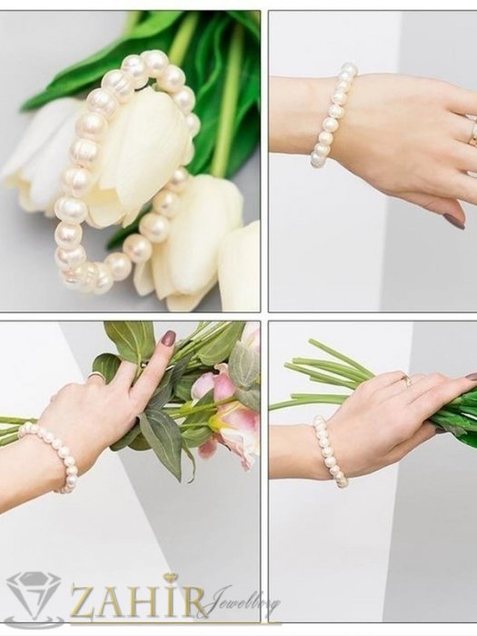 Дамски бижута - Впечатляваща гривна от естествени бели речни перли по 1 см всяка, изработва се ръчно, налична в 4 дължини - G2083