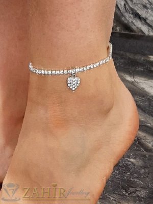 Кристална гривна за крак с нежни бели камъчетаи висулка кристално сърце, ластична, става за всеки глезен - GK1200