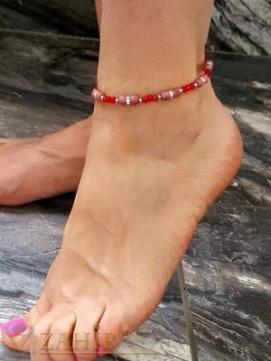 Червена регулираща се гривна за крак с нежни фасетни мъниста и кристални рингове, става и за ръка - GK1211