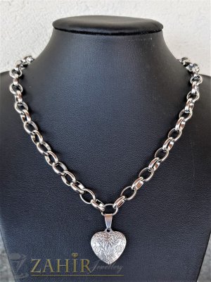  ТОП качество стоманен медальон Гравирано сърце 2 см на стоманена верижка в 4 размера, широка 0,6 см - K2022