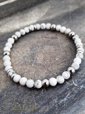 Нежна гривна от ест. Бял хаулит малък 6 мм и стоманени рингове, 7 дължнини - MGA1567