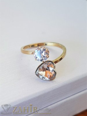  Кристален стоманен пръстен с циркон и сърце, нов дизайн, нежен и елегантен, позлатен - P1517