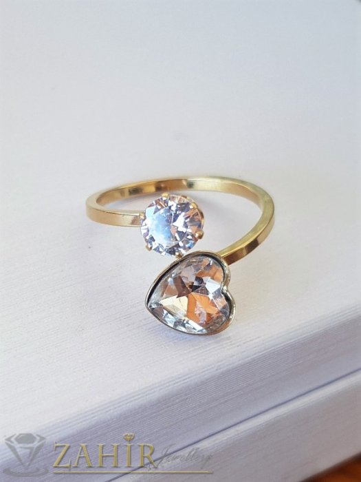 Дамски бижута - Кристален стоманен пръстен с циркон и сърце, нов дизайн, нежен и елегантен, позлатен - P1517