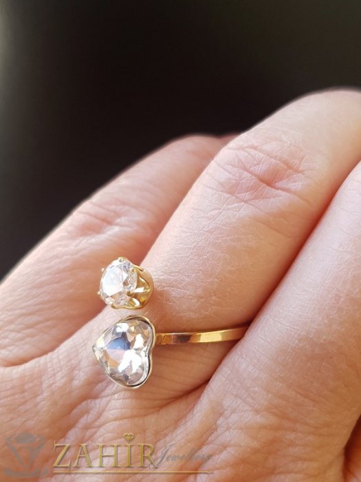 Дамски бижута - Кристален стоманен пръстен с циркон и сърце, нов дизайн, нежен и елегантен, позлатен - P1517