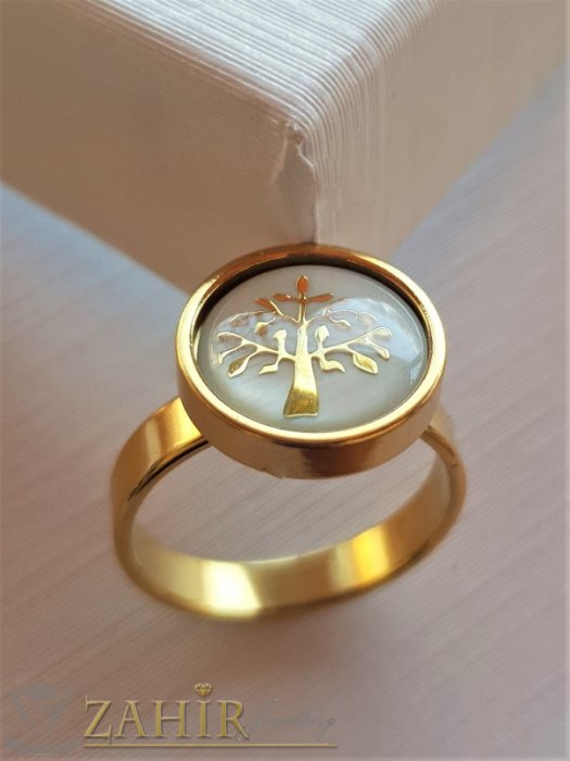 Дамски бижута - ХИТ нежен стоманен пръстен с Дървото на живота, гравиран върху бял седеф, позлатен - P1518