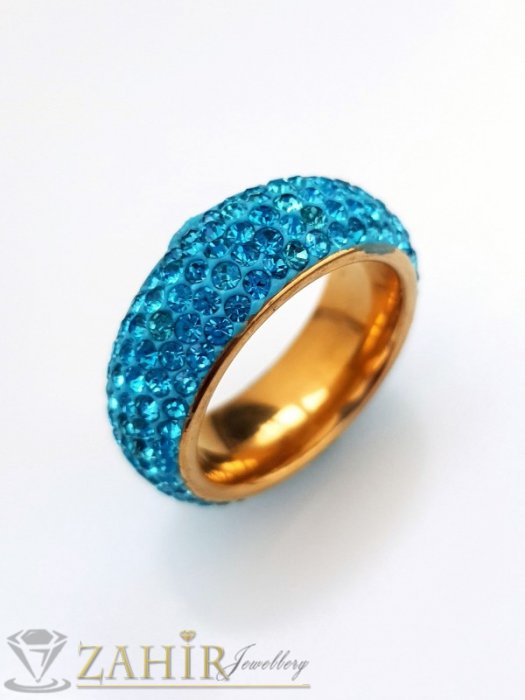 Дамски бижута - Синя хит модел кристална халка от неръждаема стомана с 5 реда светлосини кристали и златно покритие - P1526