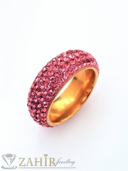 Дамски бижута - Розова хит модел кристална халка от неръждаема стомана с 5 реда розови кристали и златно покритие - P1527