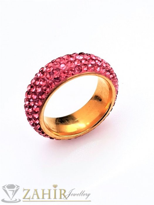 Дамски бижута - Розова хит модел кристална халка от неръждаема стомана с 5 реда розови кристали и златно покритие - P1527