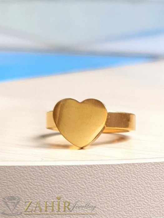 Дамски бижута - ТОП КАЧЕСТВО полирано стоманено сърце на класически пръстен, златно покритие, изящна изработка - P1544