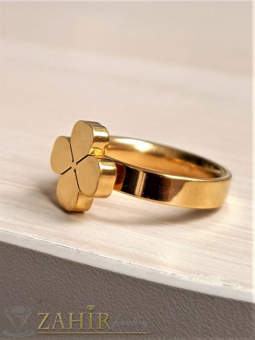 Дамски бижута - Спираща дъха стоманена четирилистна детелинка на класически пръстен, златно покритие, изящна изработка - P1546