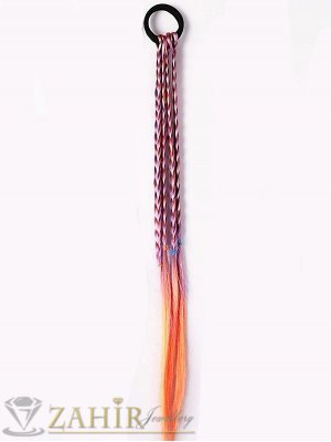 4 бр. плитки на ластик от синтетична коса в оранжево и лилаво, дължина 40 см, носят се на опашка  - KP1012