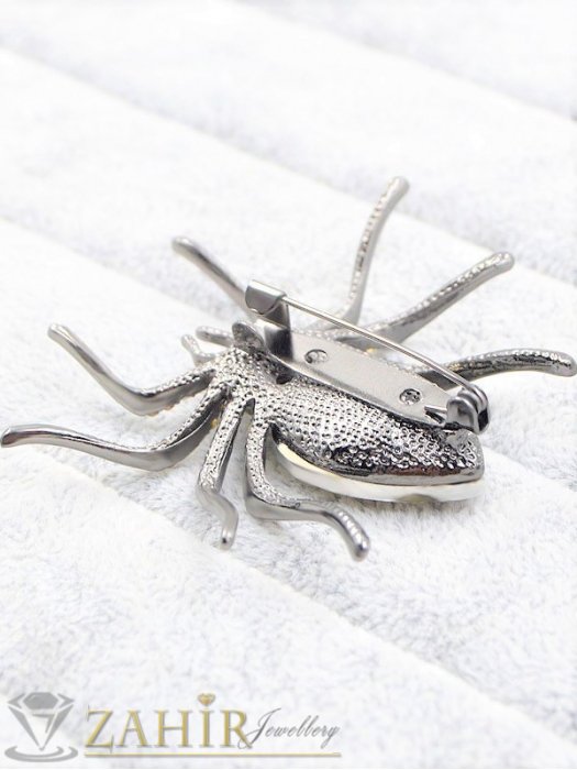 Дамски бижута - Изящна изработка паяк брошка с голям черен кристал и малки бели камъни,размери 6 на 5 см, сребриста основа - B1286