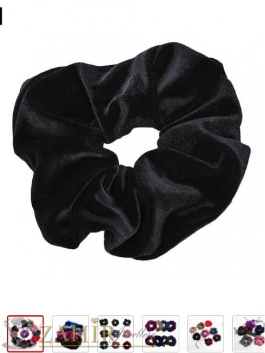 Аксесоари за коса - Черен велурен ластик за коса с диаметър 13 см, много мек, носи се на опашка или за гривна - L1149