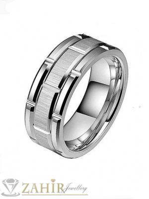 Вечен пръстен от висококачествен волфрам с ефектна гравировка и триизмерни ивици,.широк 0,8 см  - P1424