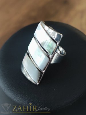  Великолепен пръстен с преливащ сиво-бял седеф, сребърно покритие, регулиращ се размер - P1592