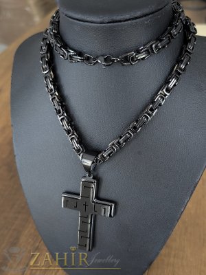 Едър черен ланец 60 см, с римска плетка, широк 0,7 см, стомана с оксидирано покритие, с уникален черен кръст 6 на 4 см- ML1721