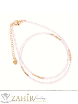 Удивително ръчно изработено колие от малки 3 мм естествени камъни фасетиран розов кварц, стоманени мъниста и накрайници - KA1096