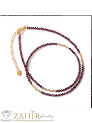 Супер модно ръчно изработено колие от малки 3 мм естествени камъни фасетиран гранат в цвят бургунди, стоманени мъниста и накрайници - KA1097