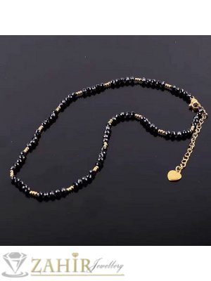 Уникално красиво ръчно изработено колие от малки 3 мм естествени камъни фасетиран черен оникс, стоманени мъниста и накрайници - KA1115