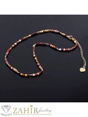 Уникално красиво ръчно изработено колие от малки 3 мм естествени камъни фасетиран цветен яспит мукаит, стоманени мъниста и накрайници - KA1116