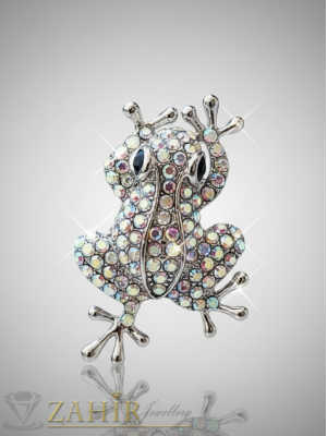 Изящна изработка брошка жаба  с преливащи и сменящи цвета си кристали, размери 4 на 2 см, сребриста основа - B1376