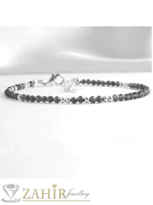 Мега яка гривна за ръка или глезен от естествен тъмносив ахат 3 мм топче и стоманени елементи, закопчалка и удължител - GA3023