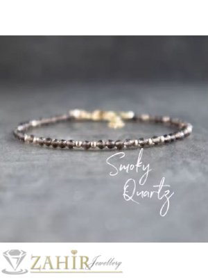 Мега яка гривна за ръка или глезен от естествен  опушен кварц  3 мм топче и стоманени елементи, закопчалка и удължител - GA3041