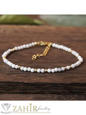 Мега яка гривна за ръка или глезен от естествен бял хаулит 3 мм топче и стоманени елементи, закопчалка и удължител - GA3074