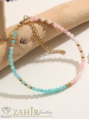 Мега яка гривна за ръка или глезен от естествен амазонит и розов кварц 3 мм топче и стоманени елементи, закопчалка и удължител - GA3077