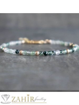 Мега яка гривна за ръка или глезен от естествен мъхов ахат 3 мм топче и стоманени елементи, закопчалка и удължител - GA3094