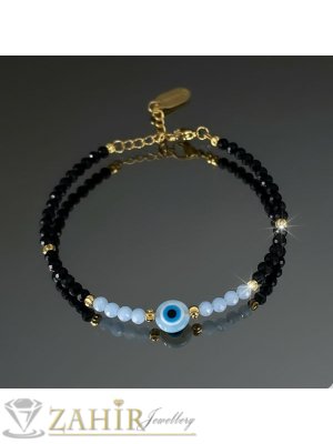 Ръчно изработена гривна против уроки от естествен черен турмалин и аквамарин 3 мм топче, седефено синьо око, стоманени елементи, закопчалка и удължител - GA3139