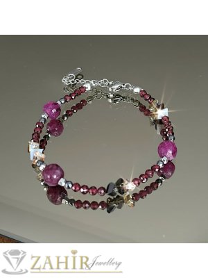 Бутикова хемдмейд гривна за ръка от естествен родолит гранат 3 мм топче фасета и куб 7 мм, кристали, стоманени елементи, закопчалка и удължител - GA3145