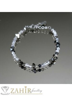 Бутикова хендмейд гривна за ръка или глезен от естествен бял кварц с турмалинови ивици 3 мм фасета, изящни кристали, стоманени елементи, закопчалка и удължител - GA3146