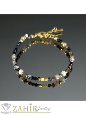 Изящна ръно изработена гривна за ръка или глезен от естествен преливащ бежово-кафяв яспис 3 мм фасета, хематит и стоманени елементи, закопчалка и удължител - GA3147