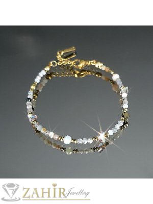 Великолепна гривна за ръка или глезен от естествен прозрачен кварц и ахат 3 мм фасета, кристали и стоманени елементи, закопчалка и удължител - GA3148