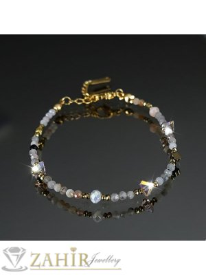 Великолепна гривна за ръка или глезен от естествен сив лабрадорит 3 мм фасета, кристали и стоманени елементи, закопчалка и удължител - GA3150