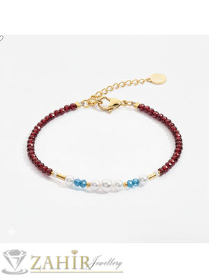 Изящна ръчно изработена гривна за ръка или глезен от естествен вишнев гранат 3 мм фасета, бяли перли и сини синци, стоманени елементи, закопчалка и удължител - GA3154