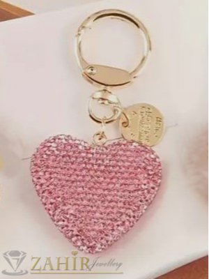 Уникално красиво кристално сърце талисман 4,5 на 4,5 см с двустранно разположени розови циркони на позлатен ключодържател 9 см - KL1207