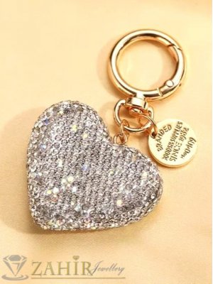 Уникално красиво кристално сърце талисман 4,5 на 4,5 см с двустранно разположени бели циркони на позлатен ключодържател 9 см - KL1208
