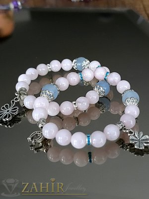 Романтична двойна дамска гривна от естествен розов кварц 8 мм топче и морганит 10 мм , кристални рингове, сребристи висулки, налична в 4 размера - MGA1679