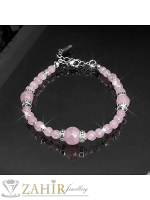 Изящна ръчно изработена гривна от розов кварц 6 и 8 мм, кристални рингове и стоманени накрайници, ръчна изработка, дълга 17 + 5 см - MGA1681
