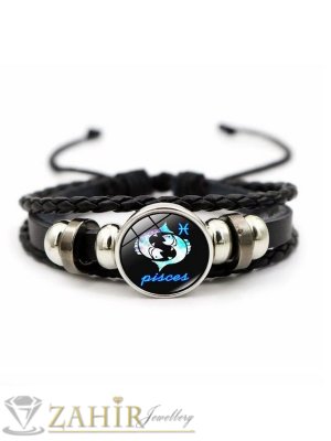 Гривна талисман със ЗОДИЯ РИБИ с плочка 2 см и черна  ест. кожа, регулируема дължина, метални рингове - ZG1161