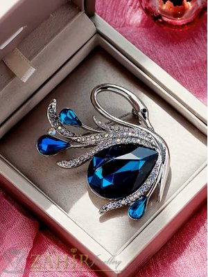  Луксозна брошка 5 см кристален лебед с тъмносини и бели и аурора бореалис кристали ,сребриста основа - B1559